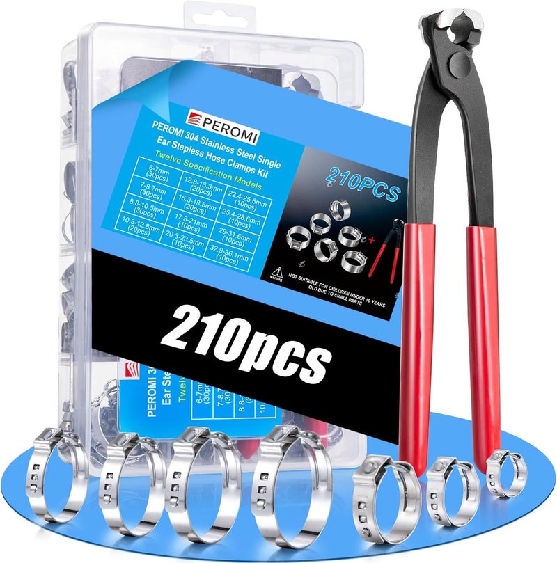 PEROMI 210PCS 304 Stainless Steel Single Ear Hose Clamp Assortment Kit - 12 Sizes (6-36.1mm) Stepless Adjustable Cinch Clamps with Pincer Tool for Automotive, Plumbing, Garden & Industrial Use - Image 1